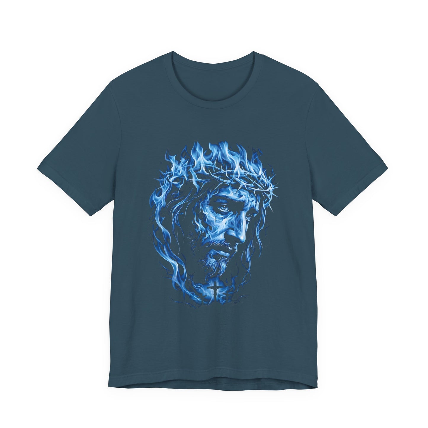 Jesus Portrait T‑Shirt — Blue Flame Crown of Thorns Christian Tee