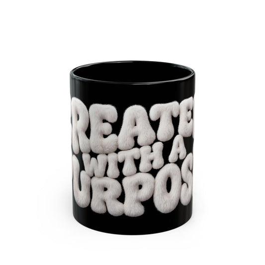 Black Mug — 'Created With A Purpose' Puffy Text Inspirational Coffee Cup (11oz/15oz)