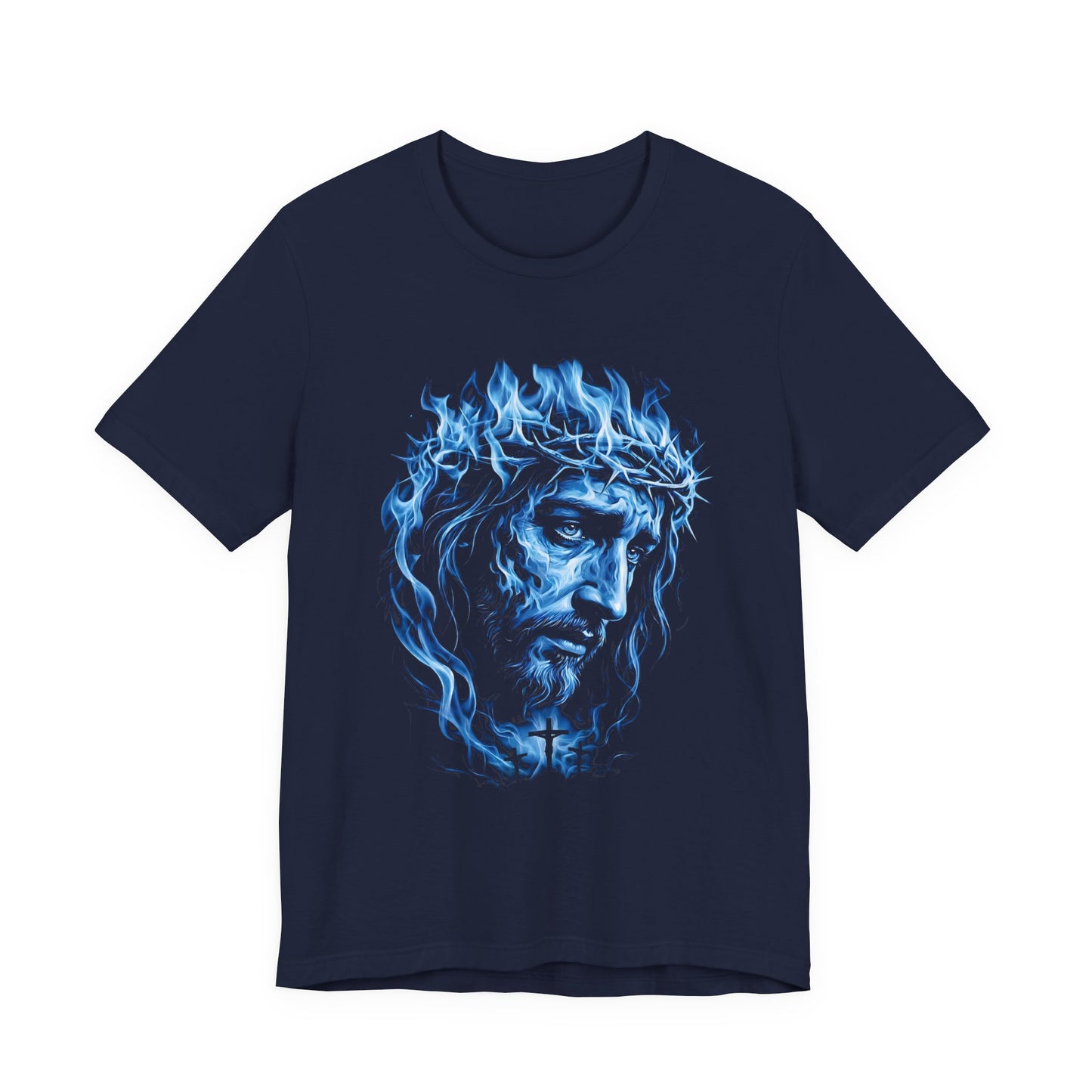 Jesus Portrait T‑Shirt — Blue Flame Crown of Thorns Christian Tee