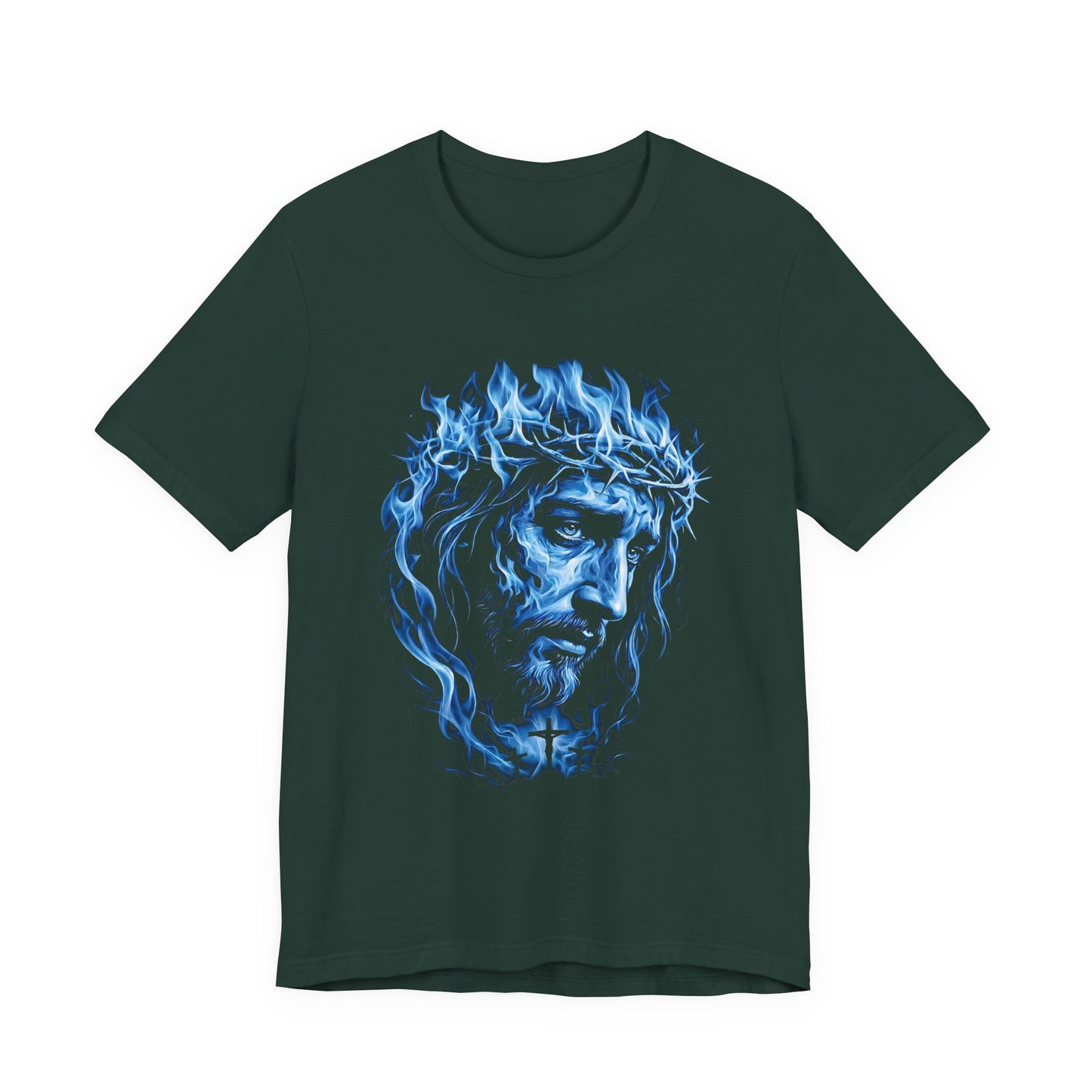 Jesus Portrait T‑Shirt — Blue Flame Crown of Thorns Christian Tee