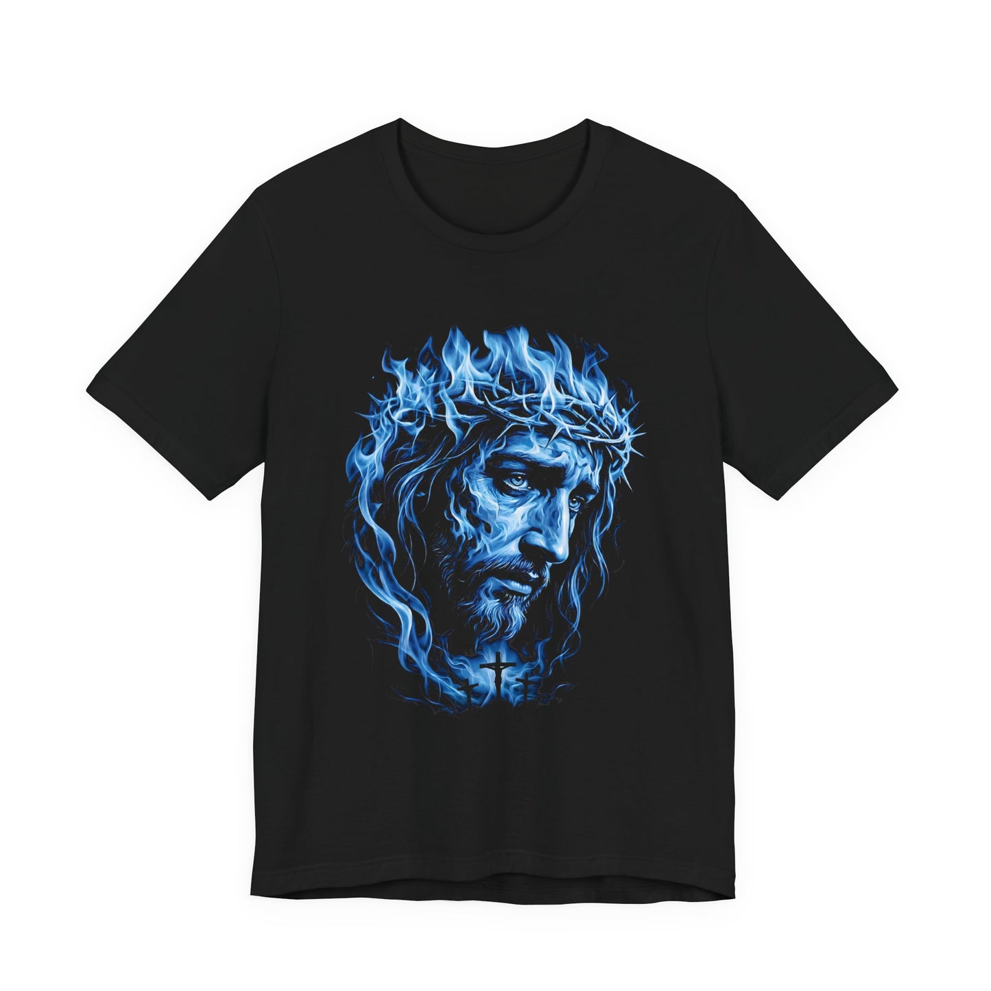 Jesus Portrait T‑Shirt — Blue Flame Crown of Thorns Christian Tee