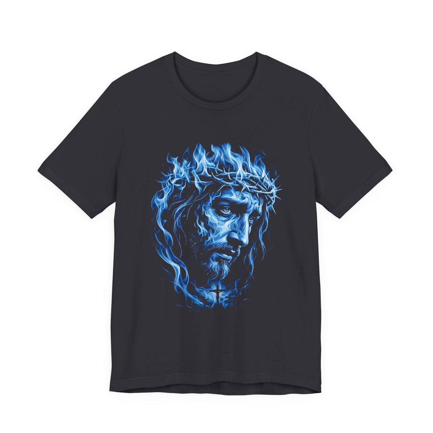 Jesus Portrait T‑Shirt — Blue Flame Crown of Thorns Christian Tee