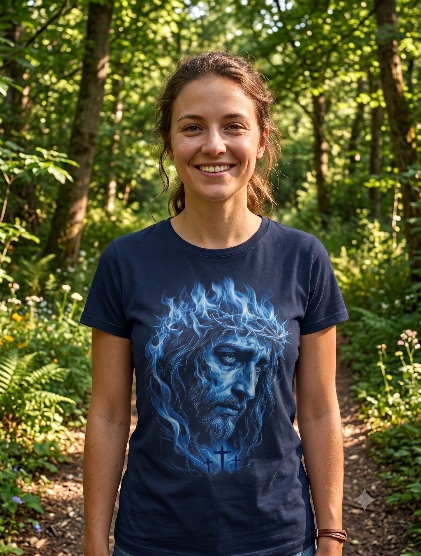 Jesus Portrait T‑Shirt — Blue Flame Crown of Thorns Christian Tee