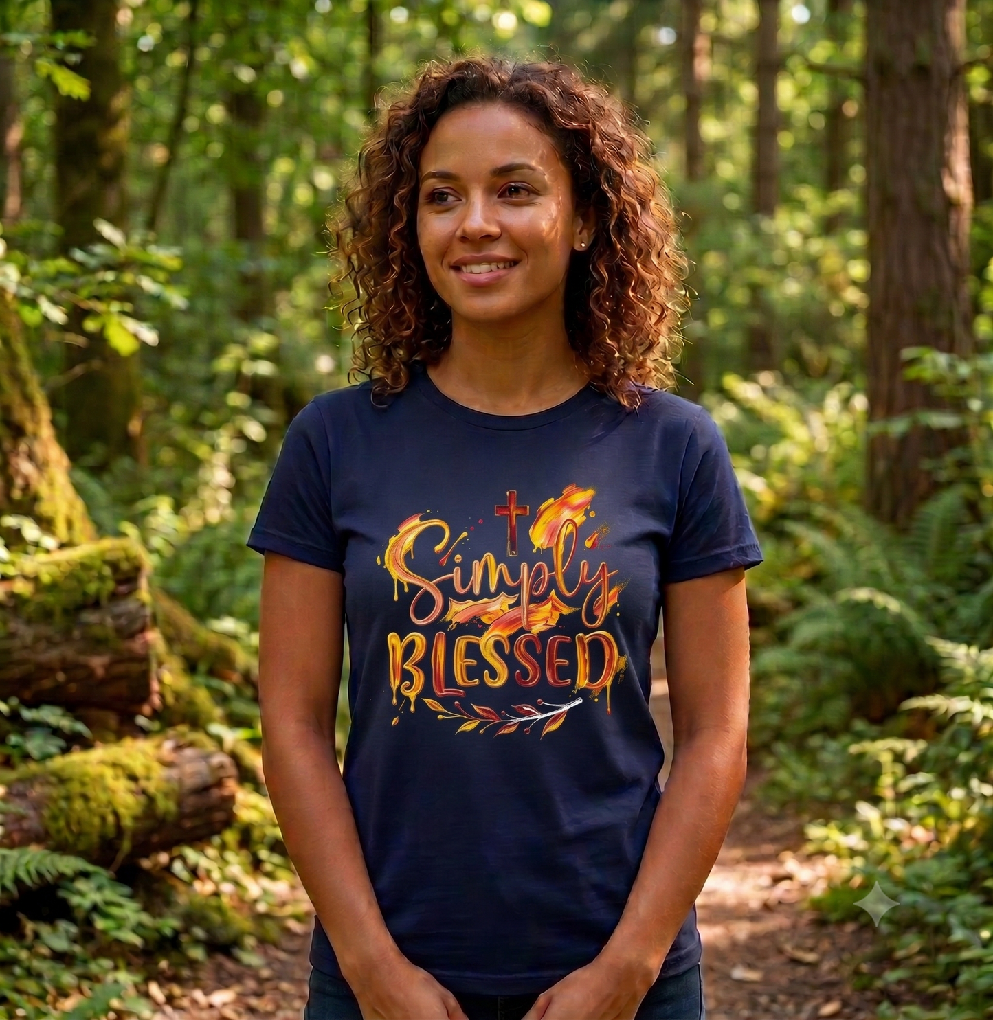Simply Blessed T-Shirt — Christian Faith Tee with Cross & Autumn Watercolor Design